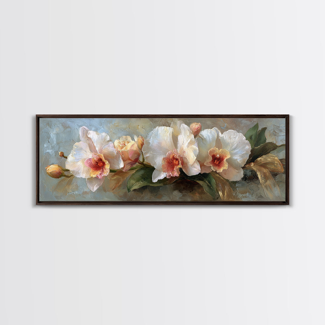 White Orchid and Gold Ribbon Composition Canvas Print, Wedding Art, Wedding Stationery, Living Room Decor, Fine Art, Romance, WED-3x1-40