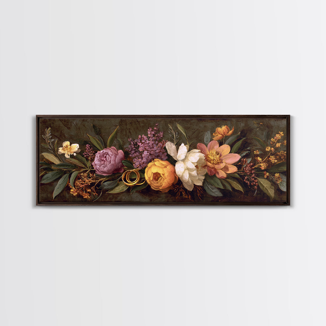 Gold Rings Resting on Velvet and Flowers Canvas Print, Wedding Art, Minimalist Decor, Living Room Decor, Fine Art, Romance, WED-3x1-43