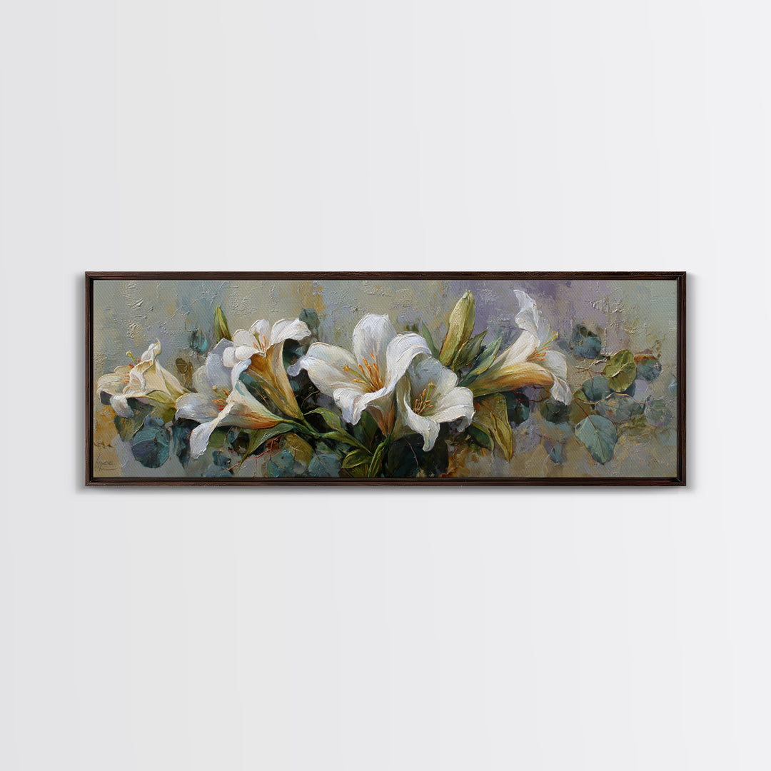 White Lilies and Eucalyptus Arrangement Canvas Print, Wedding Art, Custom Wedding Gift, Living Room Decor, Abstract Art, WED-3x1-49