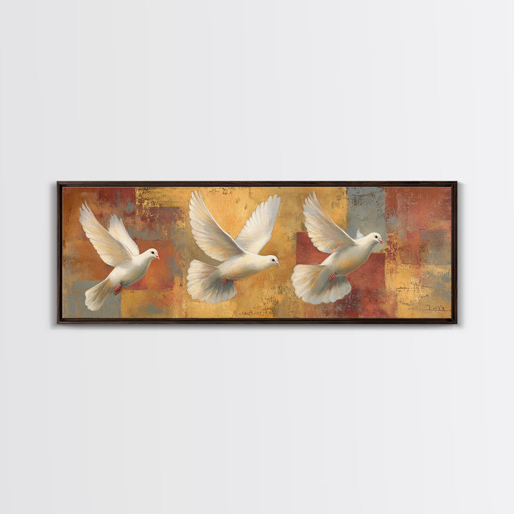 Doves Flying Through Soft Golden Light Framed Canvas Print, Wedding Art, Art, Living Room Decor, Romance, Custom Wedding Gift, WED-3x1-51