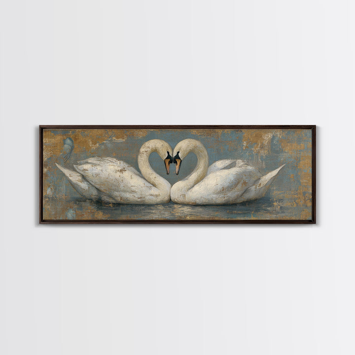 Two Swans Forming a Heart on Dark Canvas Print, Wedding Art, Printable Art, Living Room Decor, Fine Art, Romance, Beach Wedding, WED-3x1-66