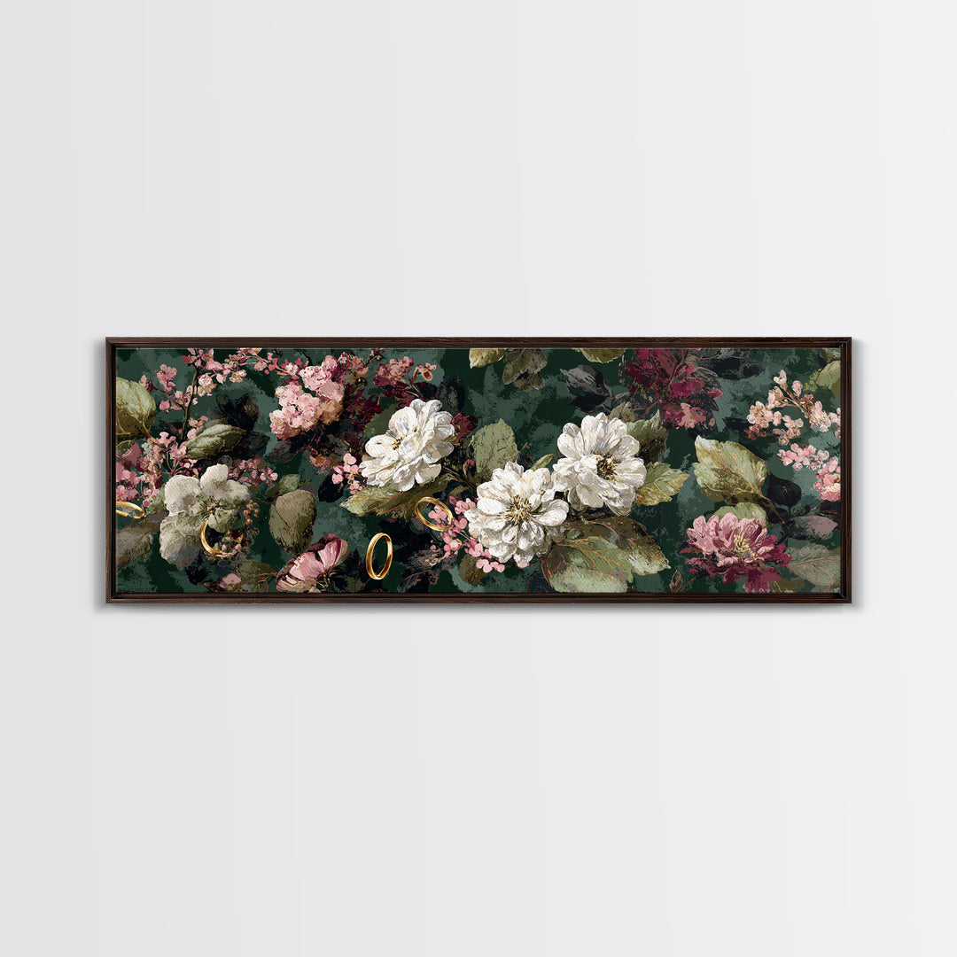 Gold Rings Resting on Velvet and Flowers Framed Canvas Print, Wedding Art, Custom Portrait, Living Room Decor, Romance, WED-3x1-67