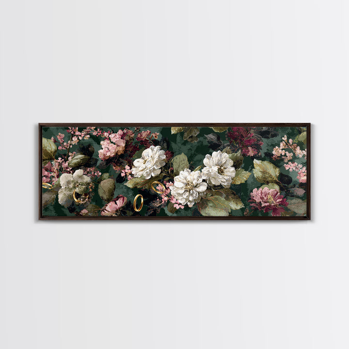 Gold Rings Resting on Velvet and Flowers Framed Canvas Print, Wedding Art, Custom Portrait, Living Room Decor, Romance, WED-3x1-67