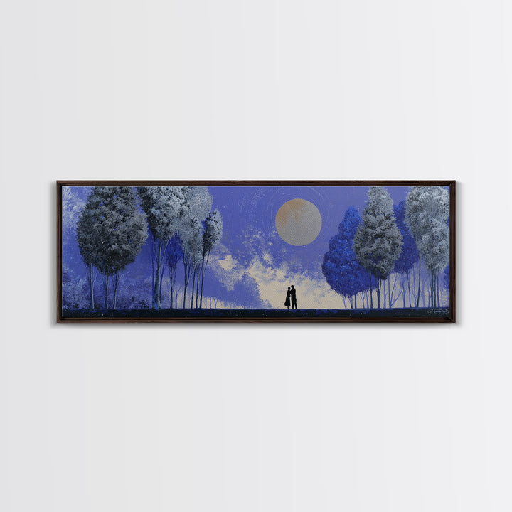 Couple Silhouette Beneath Moonlit Trees Framed Canvas Print, Wedding Art, Downloadable Art, Living Room Decor, Romance, WED-3x1-69