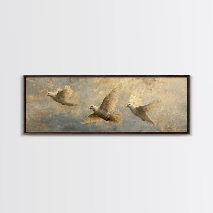 Doves Flying Through Soft Golden Light Canvas Print, Wedding Art, Wedding Guest Book, Living Room Decor, Fine Art, Romance, WED-3x1-75