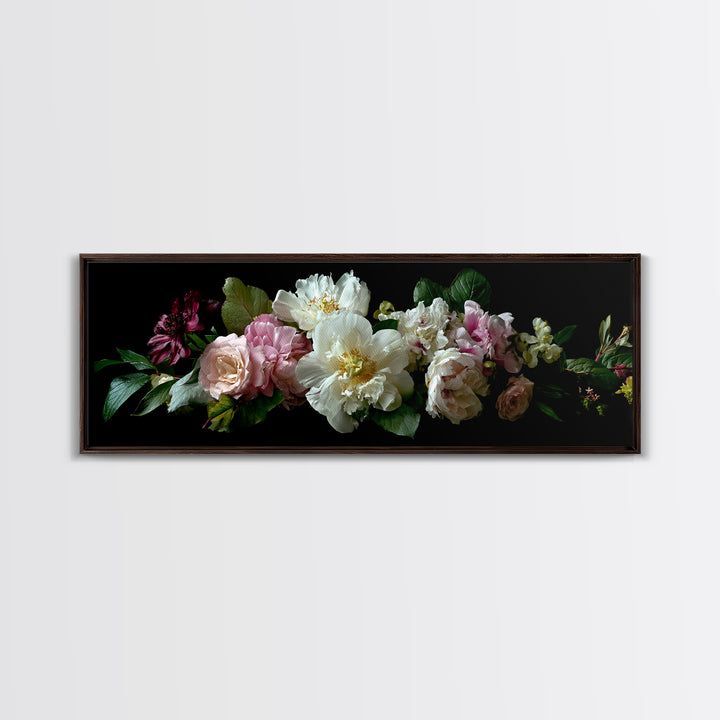 Romantic Bouquet of White Roses and Peonies Framed Canvas Print, Wedding Art, Beach Wedding, Living Room Decor, Oil Painting, WED-3x1-89