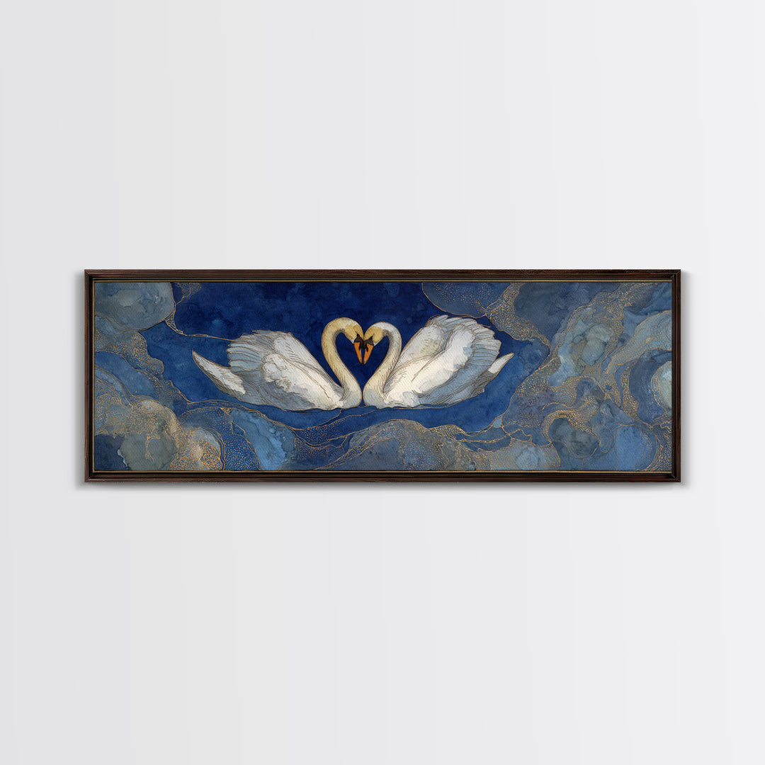 Two Swans Forming a Heart on Dark Framed Canvas Print, Wedding Art, Jewish Art, Living Room Decor, Fine Art, Romance, WED-3x1-90