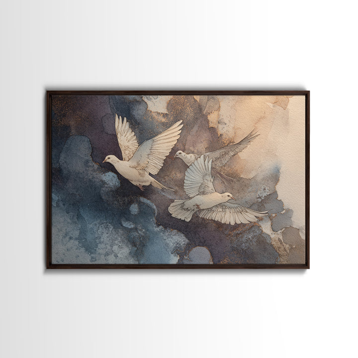 Doves Flying Through Soft Golden Light Framed Canvas Print, Wedding Art, Minimalist Decor, Living Room Decor, Fine Art, Romance, WED-3x2-15