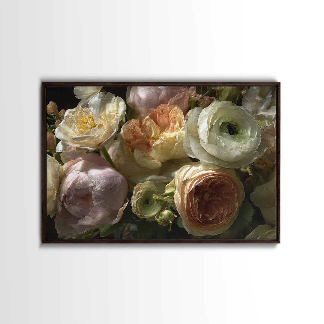 Peony and Ranunculus Bouquet Framed Canvas Print, Wedding Art, Wedding Guest Book, Living Room Decor, Fine Art, Romance, WED-3x2-24