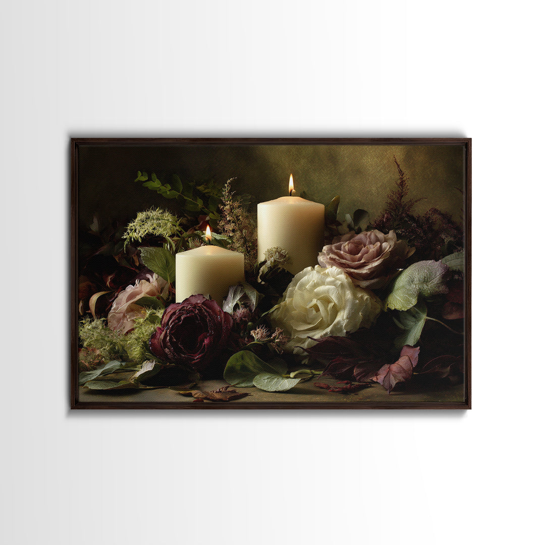 Romantic Candle and Floral Still Life Canvas Print, Wedding Art, Custom Portrait, Living Room Decor, Fine Art, Romance, WED-3x2-26