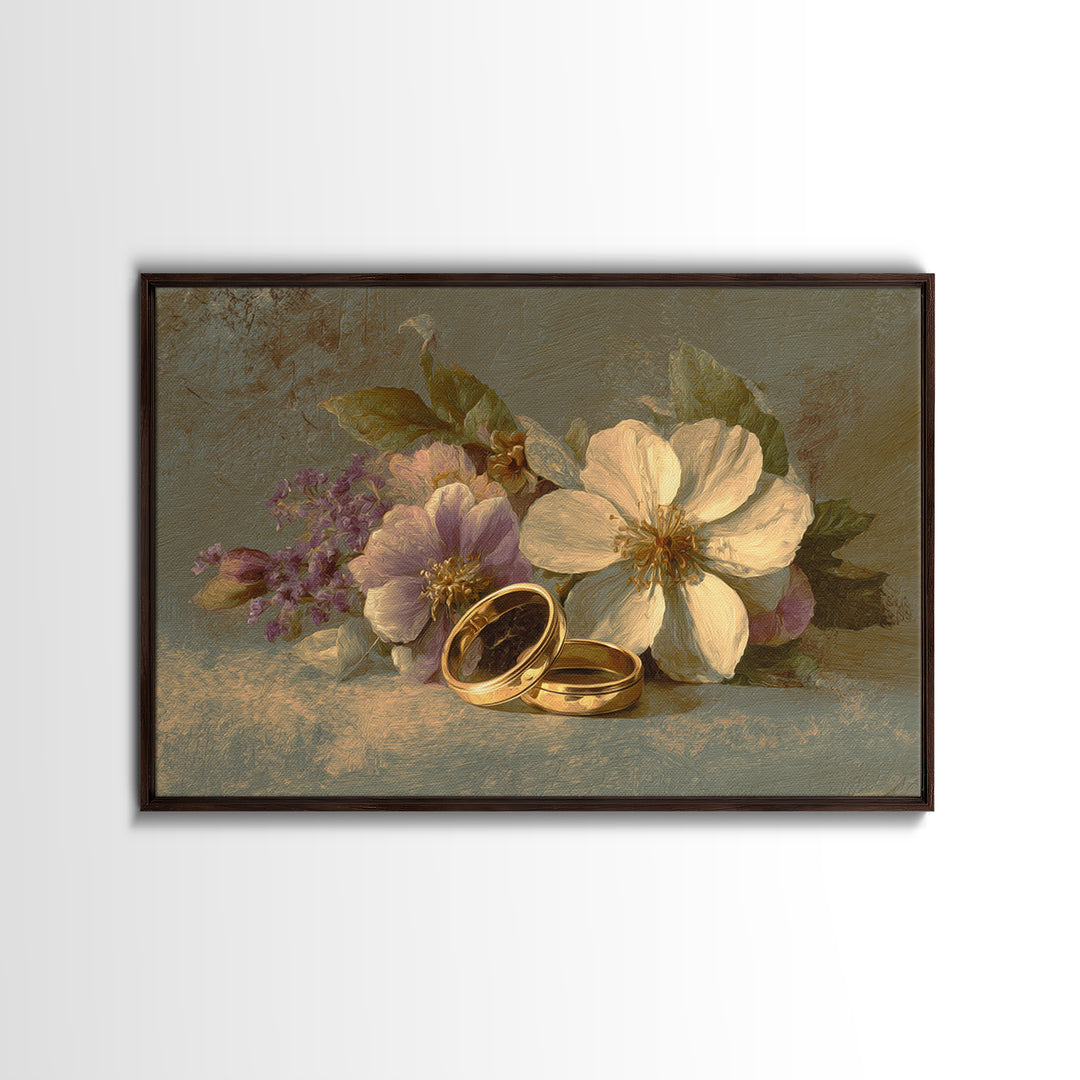 Gold Rings Resting on Velvet and Flowers Framed Canvas Print, Wedding Art, Wedding Guestbook, Living Room Decor, Romance, WED-3x2-31