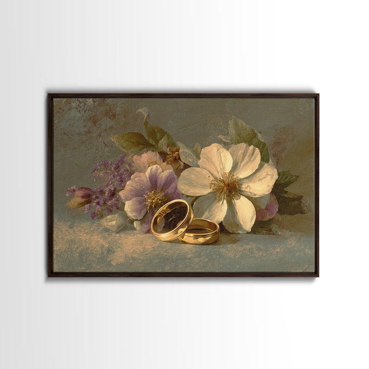 Gold Rings Resting on Velvet and Flowers Framed Canvas Print, Wedding Art, Wedding Guestbook, Living Room Decor, Romance, WED-3x2-31