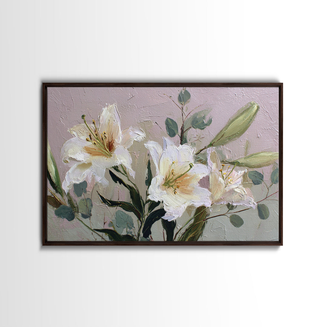 White Lilies and Eucalyptus Arrangement Canvas Print, Wedding Art, Wedding Guestbook, Living Room Decor, Oil Painting, Romance, WED-3x2-37