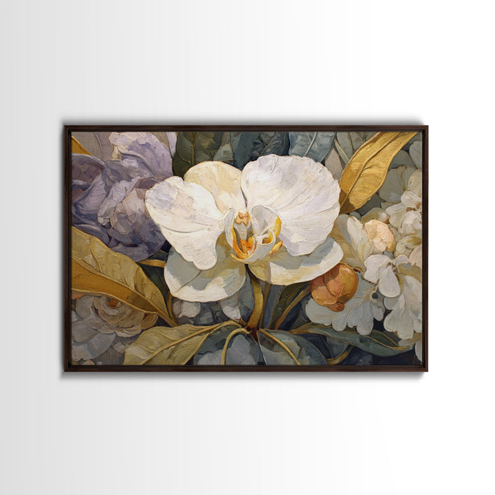 White Orchid and Gold Ribbon Composition Canvas Print, Wedding Art, Wedding Sign, Living Room Decor, Abstract Art, Romance, WED-3x2-52