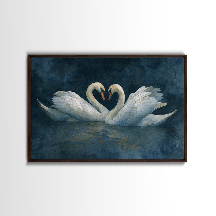 Two Swans Forming a Heart on Dark Framed Canvas Print, Wedding Art, Art Print, Living Room Decor, Romance, Downloadable Art, WED-3x2-6