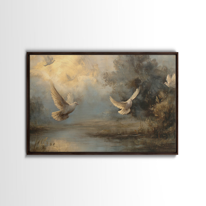 Doves Flying Through Soft Golden Light Framed Canvas Print, Wedding Art, Contemporary Art, Living Room Decor, Fine Art, Romance, WED-3x2-63