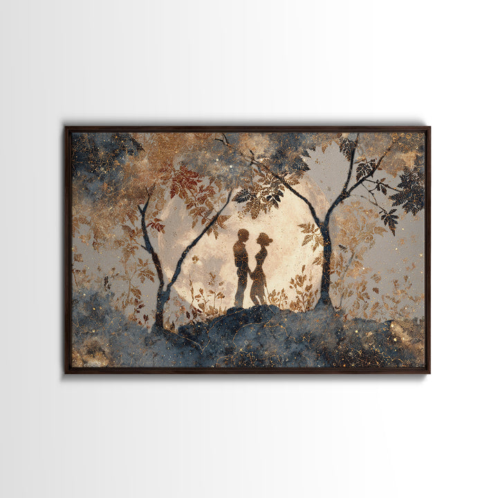 Couple Silhouette Beneath Moonlit Trees Framed Canvas Print, Wedding Art, Rustic Wedding, Living Room Decor, Fine Art, Romance, WED-3x2-81