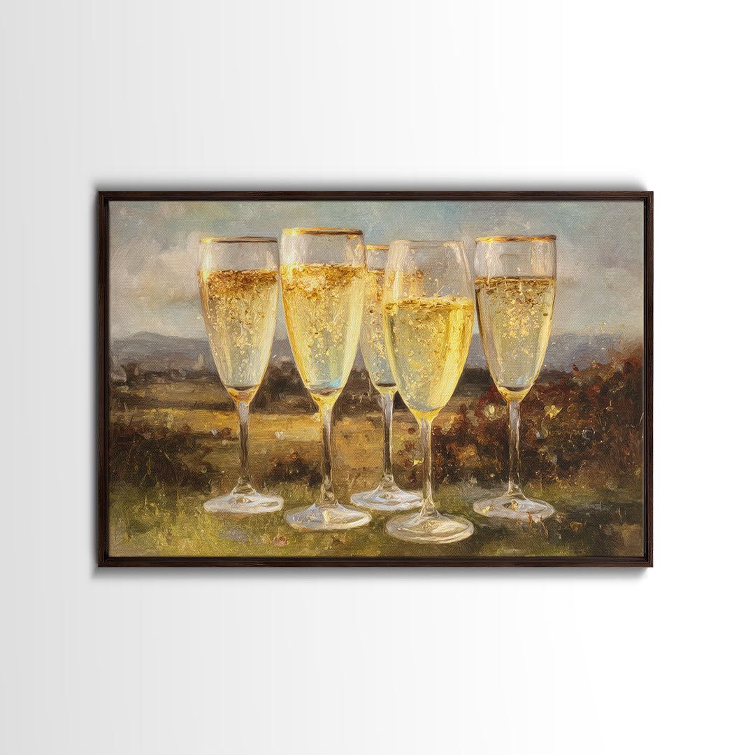 Champagne Glasses with Delicate Sparkle Framed Canvas Print, Wedding Art, Downloadable Art, Living Room Decor, Oil Painting, WED-3x2-82