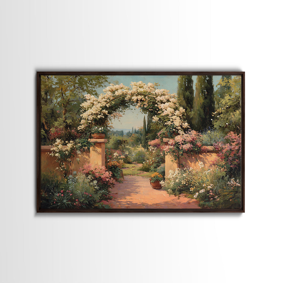 Romantic Garden Arch Covered Framed Canvas Print, Wedding Art, Custom Wedding Gift, Living Room Decor, Watercolor Art, Romance, WED-3x2-86