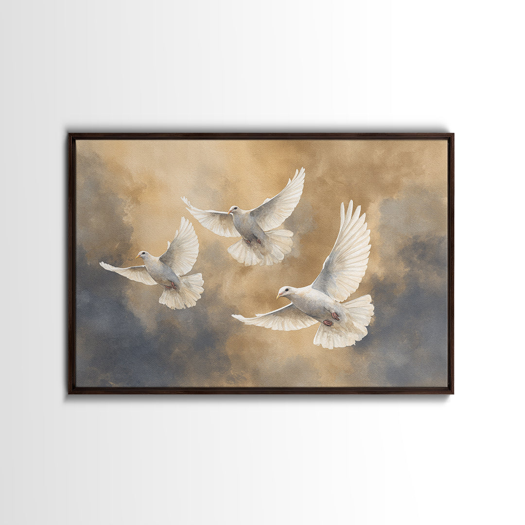 Doves Flying Through Soft Golden Light Framed Canvas Print, Wedding Art, Beach Wedding, Living Room Decor, Fine Art, Romance, WED-3x2-87