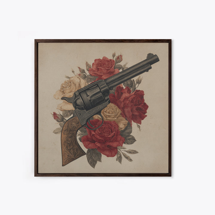 Old Revolver and Roses Canvas Print, Western Art, Landscape Painting, Southwestern Decor, Watercolor Art, Frontier, WES-1x1-19