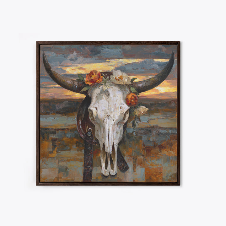 Longhorn Skull with Desert Flowers Framed Canvas Print, Western Art, Cowboy Art, Southwestern Decor, Oil Painting, Frontier, WES-1x1-27