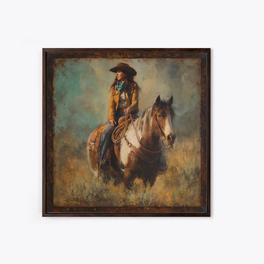 Cowgirl Portrait with Turquoise Jewelry Canvas Print, Western Art, Desert Art, Southwestern Decor, Oil Painting, Frontier, WES-1x1-30
