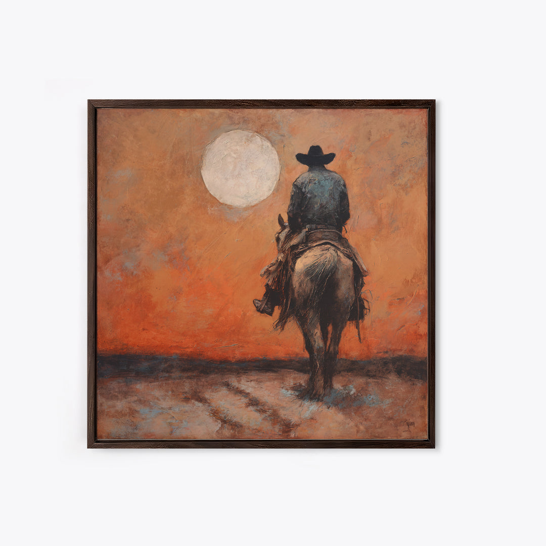 Desert Moon over Lone Rider Canvas Print, Western Art, Digital Download Art, Southwestern Decor, Frontier, Neutral Decor, WES-1x1-35