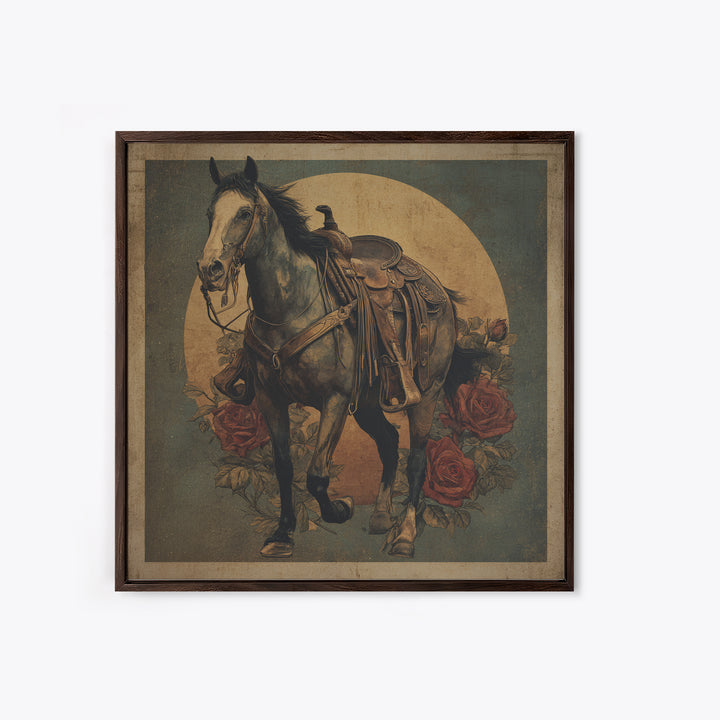 Old Revolver and Roses Framed Canvas Print, Western Art, Native American Art, Southwestern Decor, Oil Painting, Frontier, WES-1x1-43