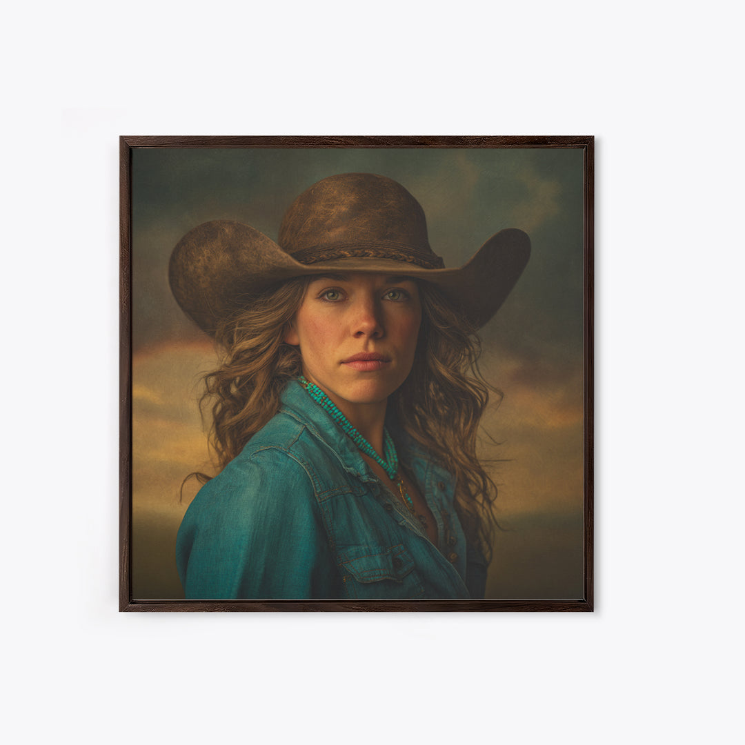 Cowgirl Portrait with Turquoise Jewelry Framed Canvas Print, Western Art, Southwestern Decor, Fine Art, Frontier, Boho Decor, WES-1x1-6