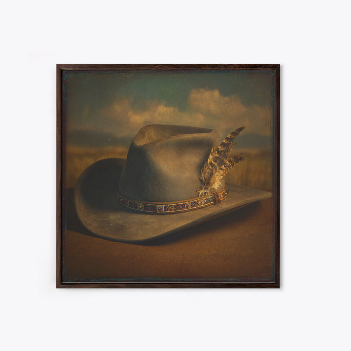 Cowboy Hat with Feathers and Beads Framed Canvas Print, Western Art, Western Print, Southwestern Decor, Fine Art, Frontier, WES-1x1-70