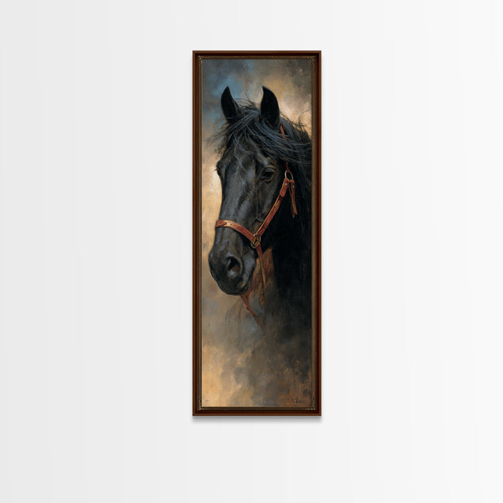 Black Horse Portrait Framed Canvas Print, Western Art, Desert Art, Southwestern Decor, Oil Painting, Frontier, Minimalist Decor, WES-1x3-54