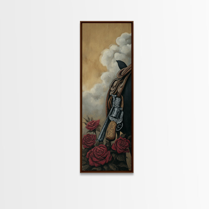 Old Revolver and Roses Framed Canvas Print, Western Art, Western Print, Southwestern Decor, Fine Art, Frontier, WES-1x3-79