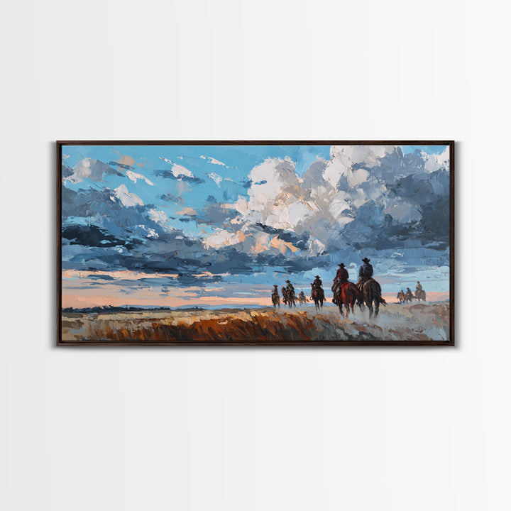 Cowboy Campfire under Starry Sky Framed Canvas Print, Western Art, Contemporary Art, Southwestern Decor, Fine Art, Frontier, WES-2x1-10