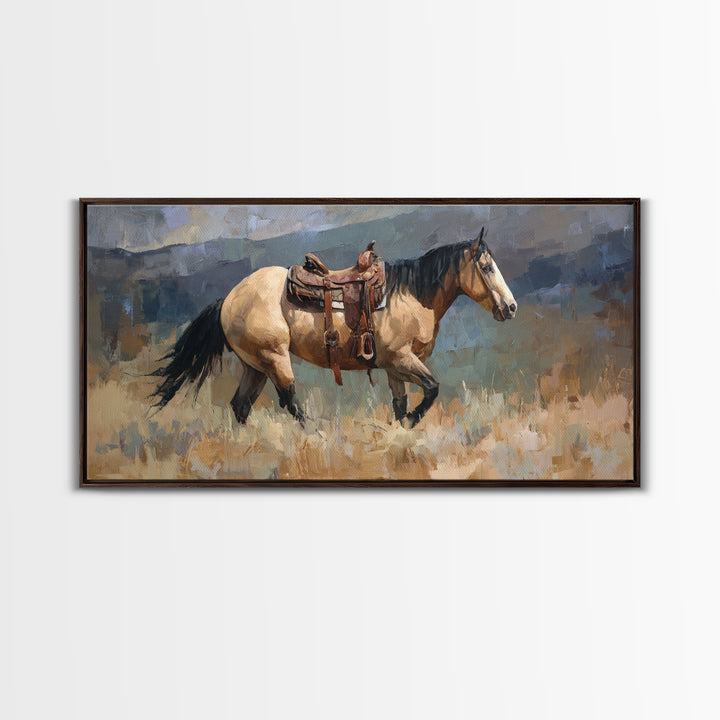 Buckskin Horse in Golden Prairie Light Framed Canvas Print, Western Art, Boho Decor, Southwestern Decor, Oil Painting, Frontier, WES-2x1-27