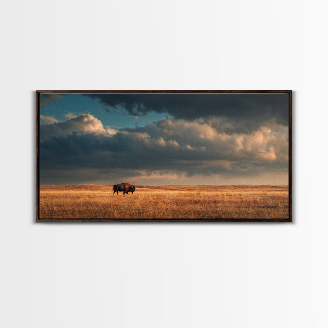 Buffalo Silhouette Beneath Enormous Sky Framed Canvas Print, Western Art, Contemporary Art, Southwestern Decor, Frontier, WES-2x1-28