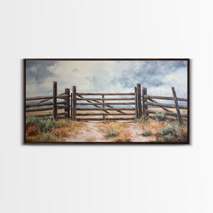 Sun Bleached Ranch Gate Framed Canvas Print, Western Art, Wall Art, Southwestern Decor, Watercolor Art, Frontier, WES-2x1-35