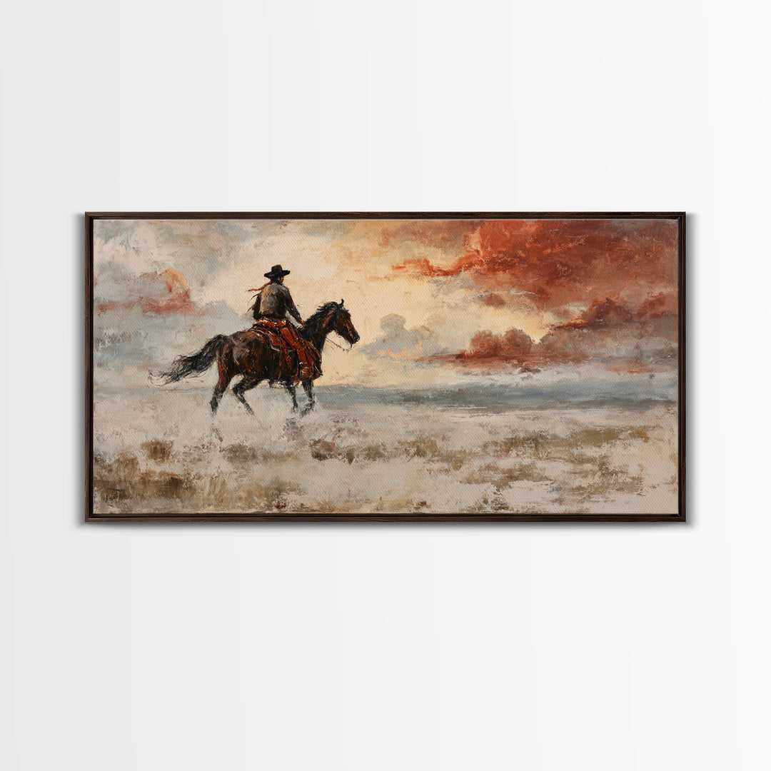 Cowboy Riding Across Dusty Sunset Plains Framed Canvas Print, Western Art, Western Decor, Southwestern Decor, Frontier, WES-2x1-45