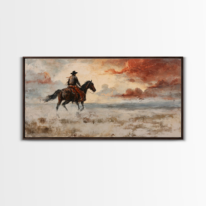 Cowboy Riding Across Dusty Sunset Plains Framed Canvas Print, Western Art, Western Decor, Southwestern Decor, Frontier, WES-2x1-45