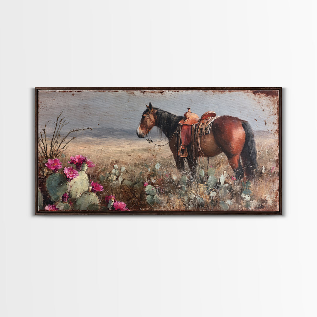 Prickly Pear Cactus Framed Canvas Print, Western Art, Oil Painting, Southwestern Decor, Frontier, Digital Download Art, WES-2x1-60