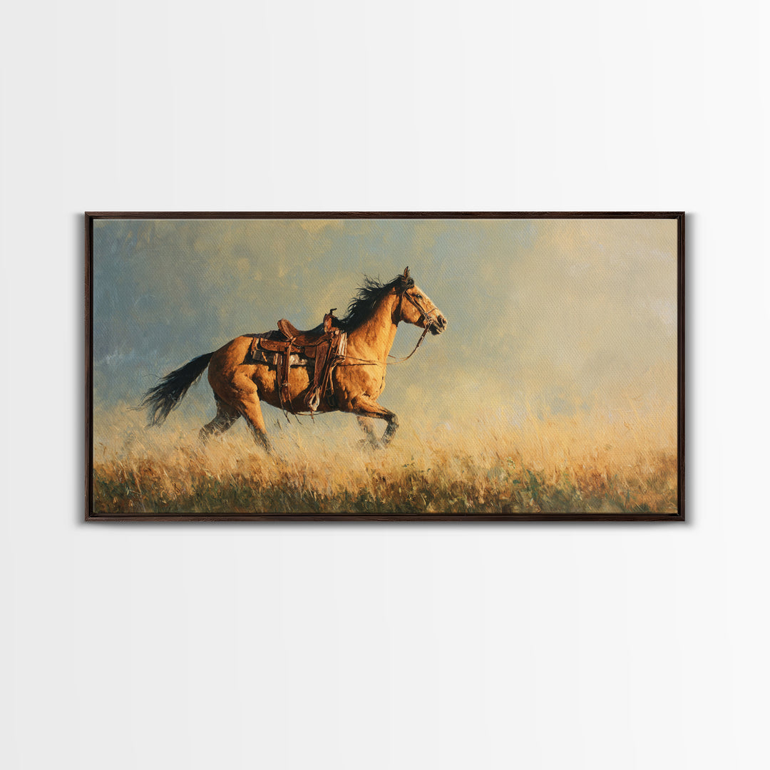 Buckskin Horse in Golden Prairie Light Framed Canvas Print, Western Art, Room Decor, Southwestern Decor, Fine Art, Frontier, WES-2x1-75