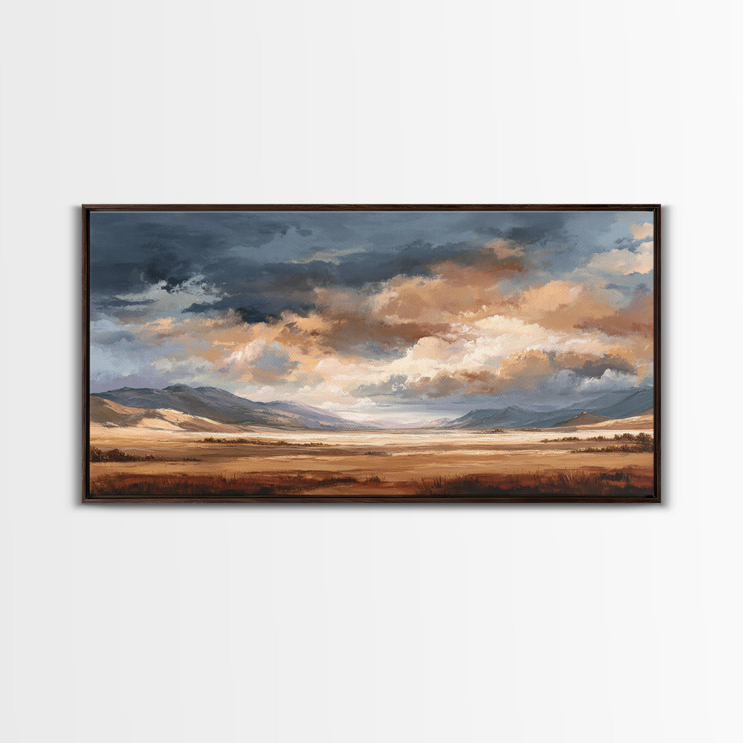Wagon Wheel and Desert Sunset Framed Canvas Print, Western Art, Minimalist Wall Art, Southwestern Decor, Fine Art, Frontier, WES-2x1-88