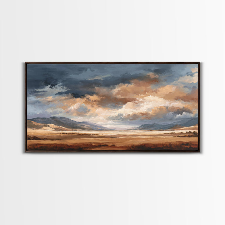 Wagon Wheel and Desert Sunset Framed Canvas Print, Western Art, Minimalist Wall Art, Southwestern Decor, Fine Art, Frontier, WES-2x1-88