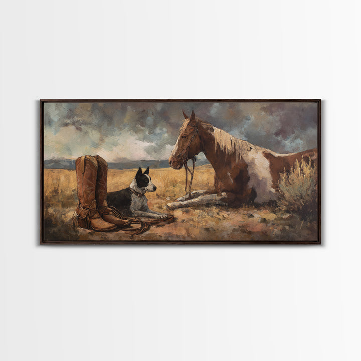 Ranch Dog Beside Worn Boots Canvas Print, Western Art, Cowboy Art, Southwestern Decor, Fine Art, Frontier, Rustic Wall Art, WES-2x1-89