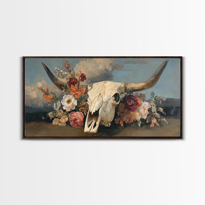 Longhorn Skull with Desert Flowers Framed Canvas Print, Western Art, Neutral Decor, Southwestern Decor, Oil Painting, Frontier, WES-2x1-95