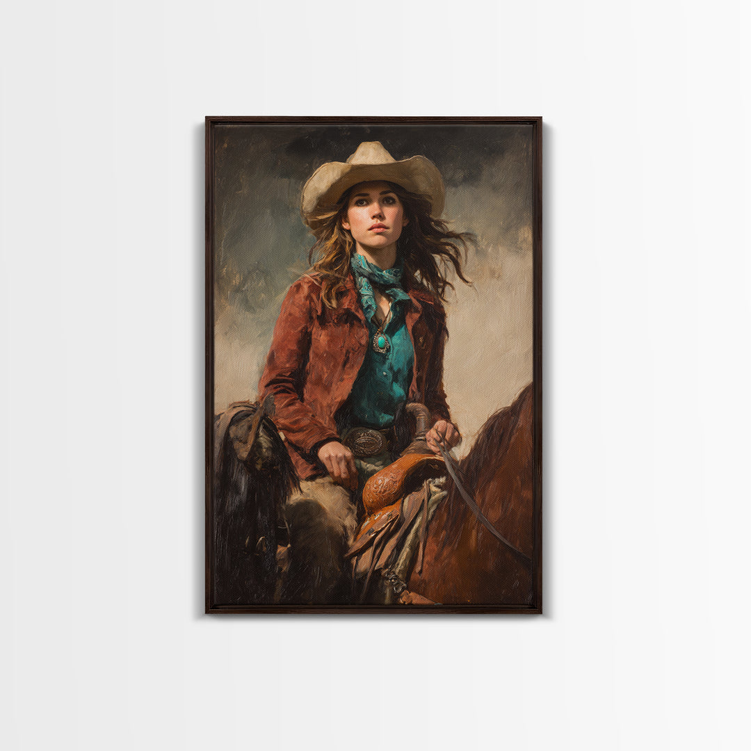 Cowgirl Portrait with Turquoise Jewelry Canvas Print, Western Art, Wall Art, Southwestern Decor, Oil Painting, Frontier, WES-2x3-14