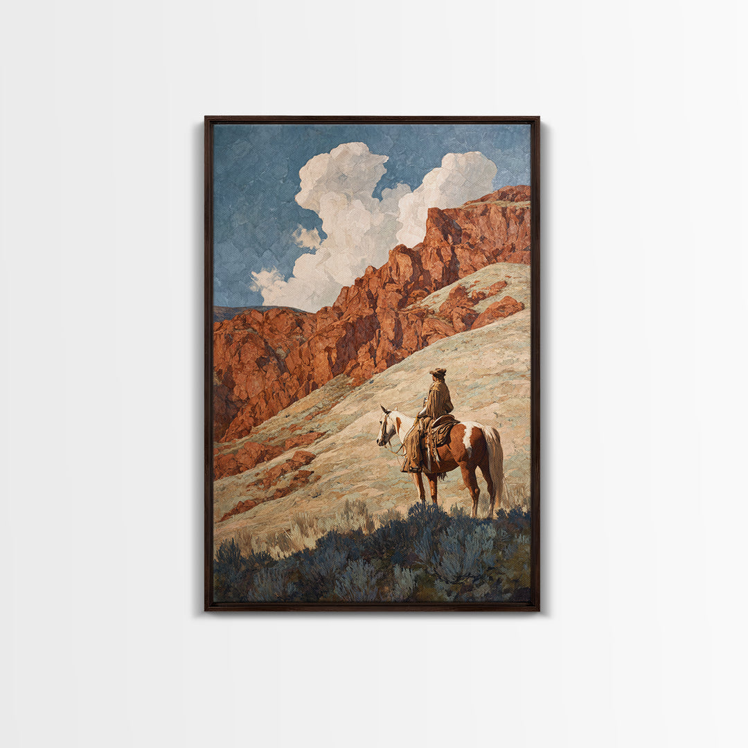 Eagle Flying Above Mountain Ridge Framed Canvas Print, Western Art, Oil Painting, Southwestern Decor, Fine Art, Frontier, WES-2x3-21