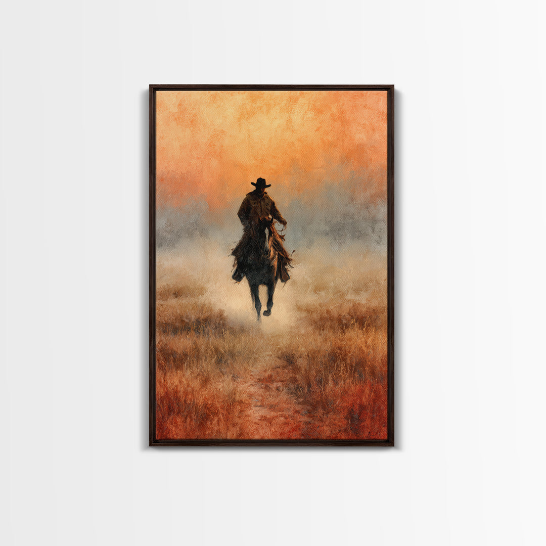 Cowboy Riding Across Dusty Sunset Plains Canvas Print, Western Art, Landscape Painting, Southwestern Decor, Frontier, WES-2x3-33