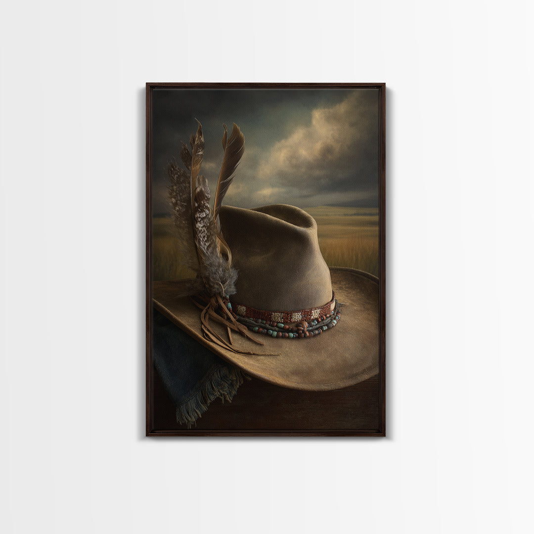 Cowboy Hat with Feathers and Beads Canvas Print, Western Art, Painting, Southwestern Decor, Fine Art, Frontier, Trendy Wall Art, WES-2x3-54