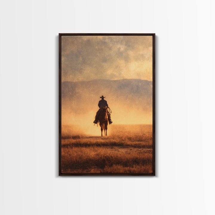 Cowboy Riding Across Dusty Sunset Plains Canvas Print, Western Art, Native American Art, Southwestern Decor, Oil Painting, WES-2x3-57